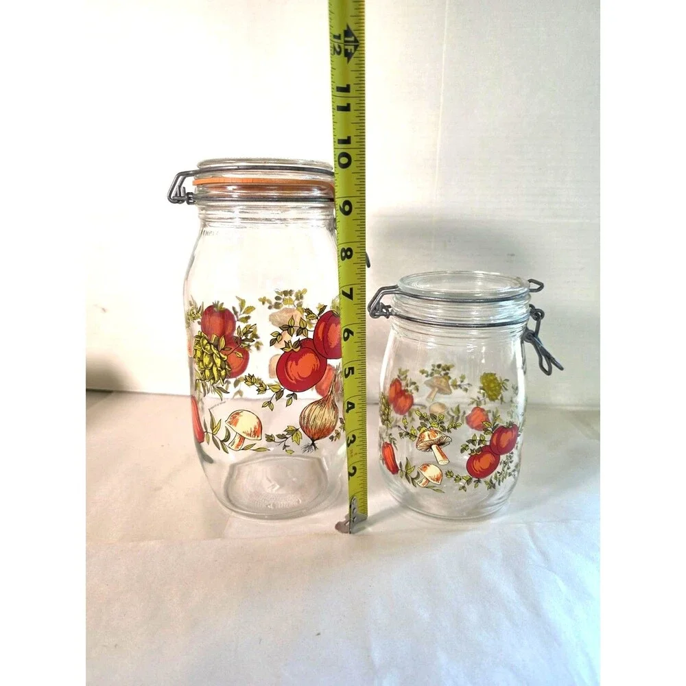 Vintage 2 Glass Canisters France Mushroom Spice Of Life 2 liter & 1 Liter Arc